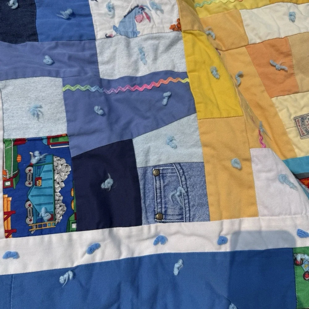 Vintage Handmade Patchwork Tied Quilt Upcycled Clothing Kids 52x63